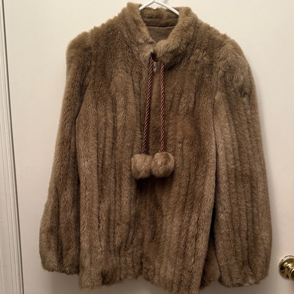 Faux Fur Coat with Pom Pom Ties